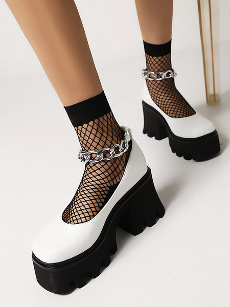 Gothic Lolita Footwear White Metal Details PU Leather Lace Up Lolita Pumps
