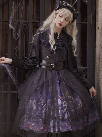 Gothic Lolita JSK Dress 3-Piece Set Polyester Cummerbund Cover-Up Jumper Black Lolita Jumper Skirt