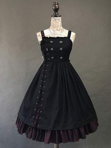 Gothic Lolita JSK Dress Black Burgundy Sleeveless Ruffles Lace Up Polyester Jumper Skirt