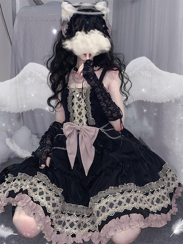 Gothic Lolita JSK Dress Black Sleeveless Lace ,Bows Ruffles Polyester Cover-Up Lolita Jumper Skirt Outfit