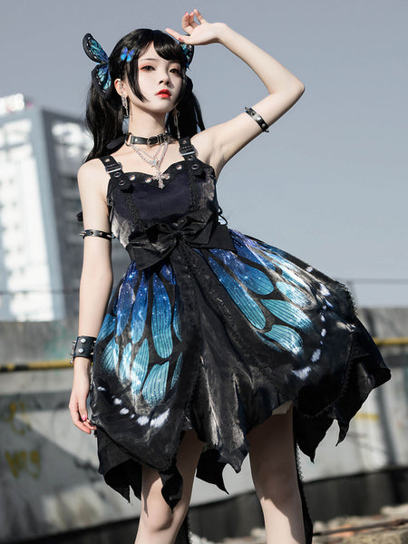 Gothic Lolita JSK Dress Blue Sleeveless Lace Up Ruffles Bow Butterfly Pattern Polyester Casual Lolita Jumper Skirt