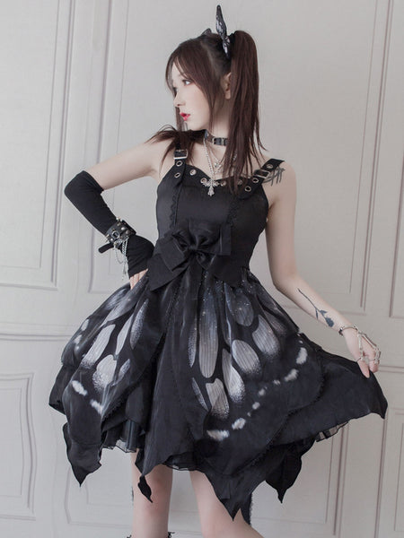 Gothic Lolita JSK Dress Blue Sleeveless Lace Up Ruffles Bow Butterfly Pattern Polyester Casual Lolita Jumper Skirt