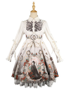 Gothic Lolita JSK Dress Bows Sleeveless Skeleton Pattern Black Lolita Jumper Skirt
