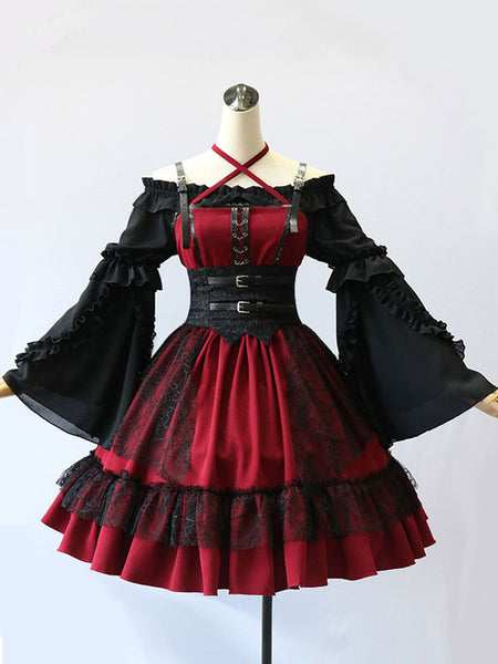 Gothic Lolita JSK Dress Burgundy Polyester Sleeveless Grommets Lace Lace Up Criss-Cross Red Lolita Jumper Skirts