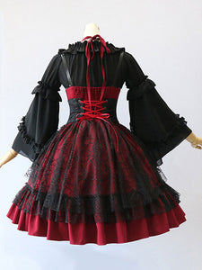 Gothic Lolita JSK Dress Burgundy Polyester Sleeveless Grommets Lace Lace Up Criss-Cross Red Lolita Jumper Skirts