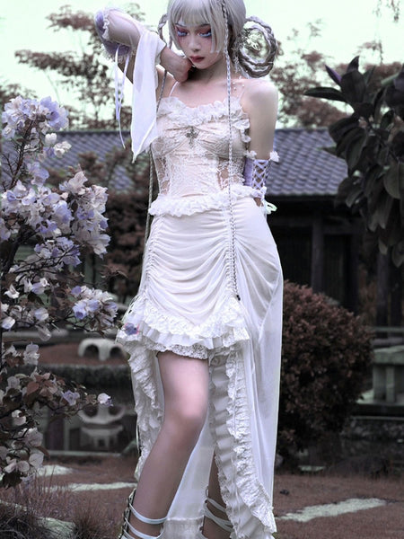 Gothic Lolita JSK Dress Sleeveless Ruffles Lace Cross Pattern White Lolita Jumper Skirt
