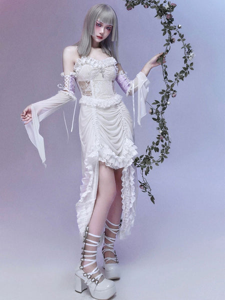 Gothic Lolita JSK Dress Sleeveless Ruffles Lace Cross Pattern White Lolita Jumper Skirt