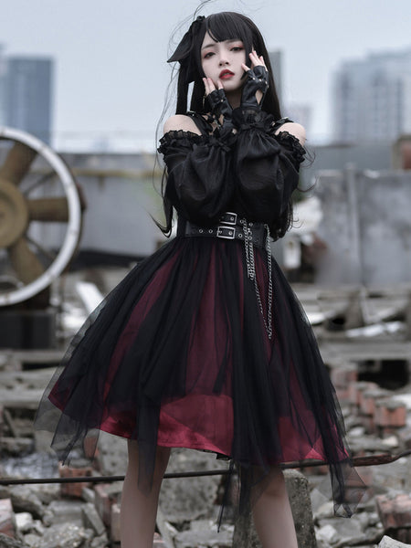 Gothic Lolita OP Dress Black Burgundy Ruffles Bows Open The Shoulder Long Sleeves Lolita One Piece Dress