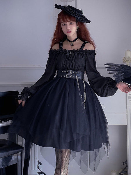 Gothic Lolita OP Dress Black Burgundy Ruffles Bows Open The Shoulder Long Sleeves Lolita One Piece Dress