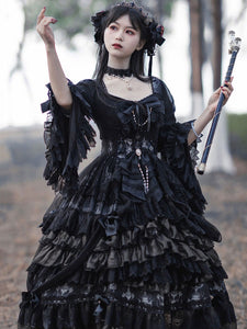 Gothic Lolita OP Dress Black Long Sleeve Polyester Tea Party Witch Lace Lolita One Piece Dress