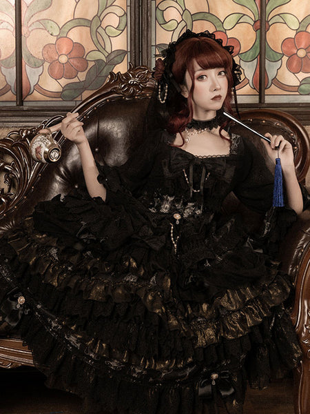 Gothic Lolita OP Dress Black Long Sleeve Polyester Tea Party Witch Lace Lolita One Piece Dress