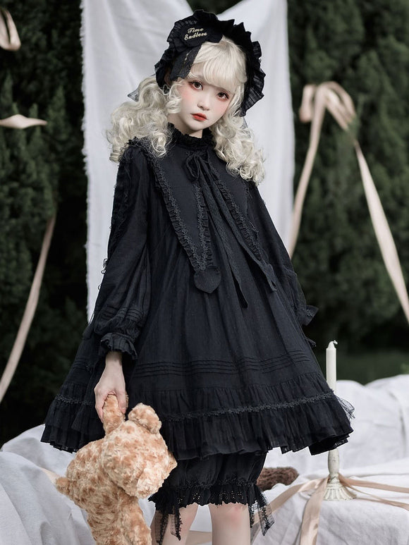 Gothic Lolita OP Dress Black Long Sleeves Lace Ruffles Polyester Lace Lolita One Piece Dress
