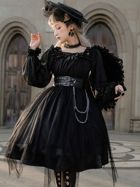 Gothic Lolita OP Dress Bows Long Sleeve Lace Ruffles Black Lolita One Piece Dress