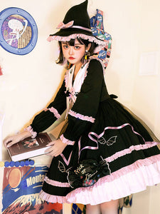Gothic Lolita OP Dress Color Block Long Sleeves Ruffles Pleated Lace Up Black Lolita One Piece Dress