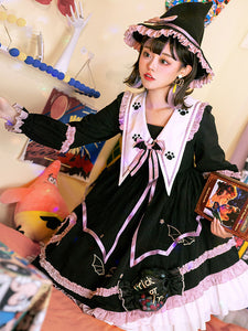 Gothic Lolita OP Dress Color Block Long Sleeves Ruffles Pleated Lace Up Black Lolita One Piece Dress