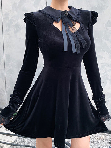 Gothic Lolita OP Dress Lace up Black Long Sleeves Lolita One Piece Dresses