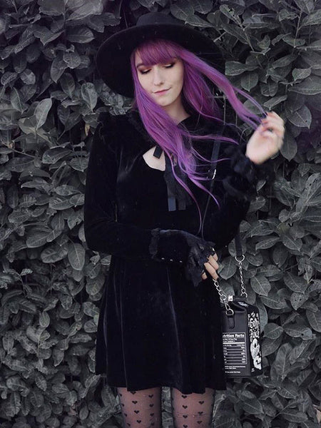 Gothic Lolita OP Dress Lace up Black Long Sleeves Lolita One Piece Dresses