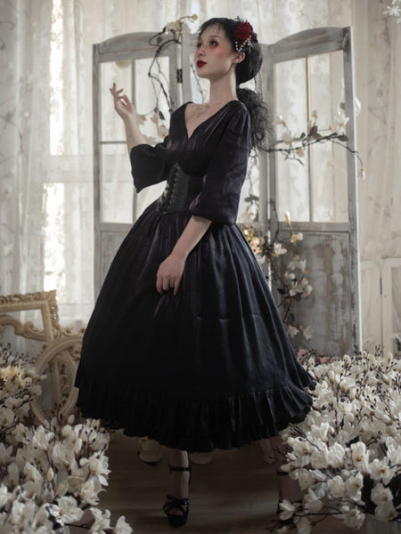 Gothic Lolita OP Dress Neverland Cascading Ruffles Bows Black Floral Print Long Sleeves Lolita Long Dresses
