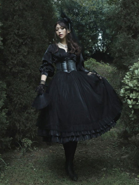 Gothic Lolita OP Dress Neverland Cascading Ruffles Bows Black Floral Print Long Sleeves Lolita Long Dresses