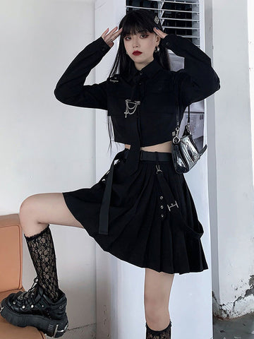 Gothic Lolita Outfits Black Metallic Grommets Chains Long Sleeves Shirt Long Skirt 2-Piece Set
