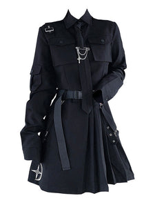 Gothic Lolita Outfits Black Metallic Grommets Chains Long Sleeves Shirt Long Skirt 2-Piece Set