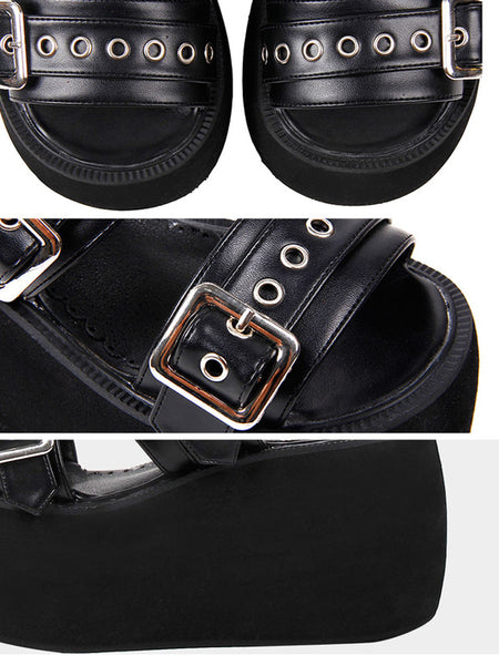 Gothic Lolita Sandals Rivets Open Toe PU Leather Black Lolita Summer Shoes
