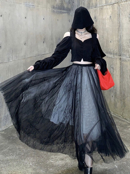 Gothic Lolita Skirt Tiered Black Two-Tone Tulle Casual Long Lolita Skirts