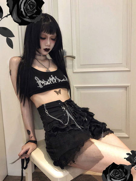 Gothic SK Skirt Black Polyester Cross Lace Lace Up Ruffles Lolita Mini Skirt