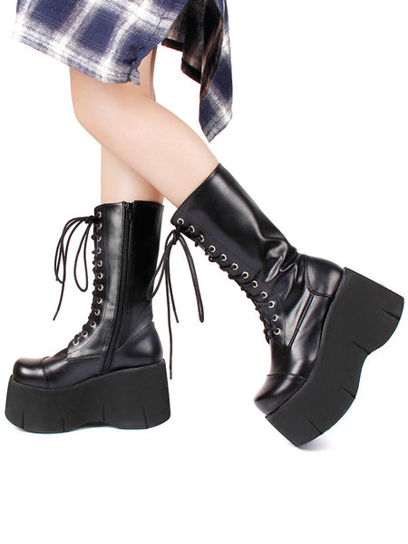 Harajuku Fashion Lolita Boots Black Silver Round Toe Flared Heel PU Leather Lolita Footwear
