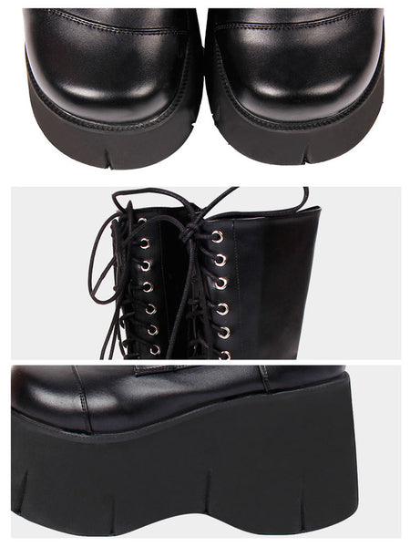Harajuku Fashion Lolita Boots Black Silver Round Toe Flared Heel PU Leather Lolita Footwear