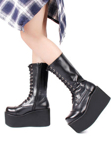 Harajuku Fashion Lolita Mid Calf Boots Black Round Toe Wedge Heel PU Leather Lolita Footwear