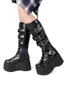 Harajuku Fashion Lolita Mid Calf Boots Black Square Toe Wedge Heel PU Leather Lolita Footwear