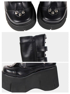 Harajuku Fashion Lolita Mid Calf Boots Black Square Toe Wedge Heel PU Leather Lolita Footwear