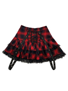 Harajuku Fashion Lolita Outfits Red Plaid Sleeveless Polyester Top Skirt Girls' Harajuku Outfits