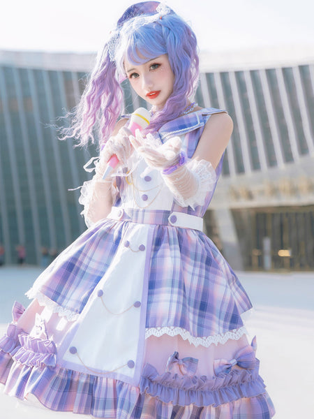 Idol Clothes Lolita JSK Dress Lilac Print Pattern Bows Metal Details Sleeveless Polyester Lolita Jumper Skirts