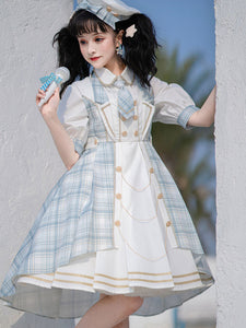 Idol clothes Lolita JSK Dress 3-Piece Set Baby Blue Plaid Pattern Bows Lace Lolita Dress Outfit