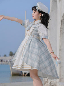 Idol clothes Lolita JSK Dress 3-Piece Set Baby Blue Plaid Pattern Bows Lace Lolita Dress Outfit