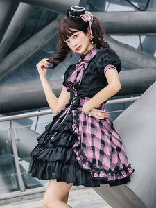 Idol clothes Lolita JSK Dress Balck Plaid Print Pattern Ruffles Bows Sweet Lolita Jumper Skirts