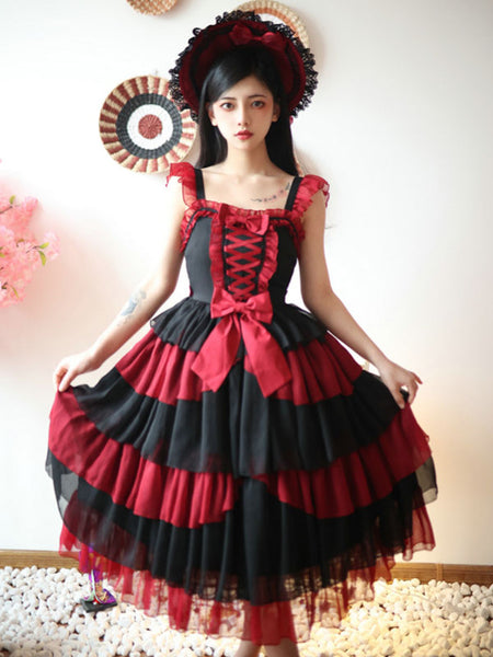 Idol clothes Lolita JSK Dress Burgundy Ruffles Floral Print Pattern Polyester Lace Up Lolita Jumper Skirts