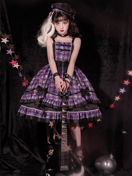 Idol clothes Lolita JSK Dress Purple Plaid Pattern Ruffles Bows Sleeveless Sweet Lolita Jumper Skirts
