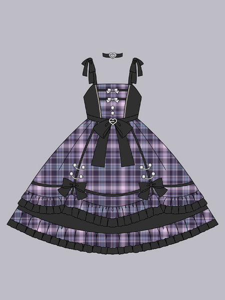 Idol clothes Lolita JSK Dress Purple Plaid Pattern Ruffles Bows Sleeveless Sweet Lolita Jumper Skirts