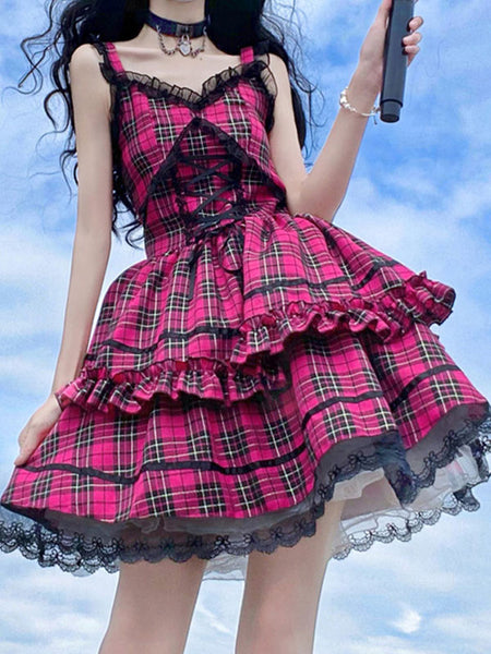 Idol clothes Lolita JSK Dress Rose Red Plaid Print Pattern Ruffles Bows Sweet Lolita Jumper Skirts