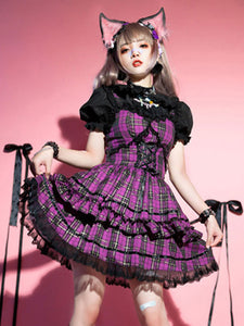 Idol clothes Lolita JSK Dress Rose Red Plaid Print Pattern Ruffles Bows Sweet Lolita Jumper Skirts