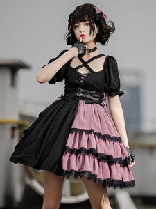 Idol clothes Lolita JSK Dress Two-Tone Pattern Ruffles Pleated Lace Up Gothic Lolita Jumper Skirts