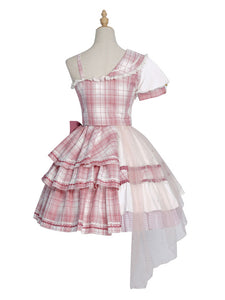 Idol clothes Lolita OP Dress 4-Piece Set Sleeveless Plaid Pattern Bows Metal Details Polyester Pink Lolita One Piece Outfit