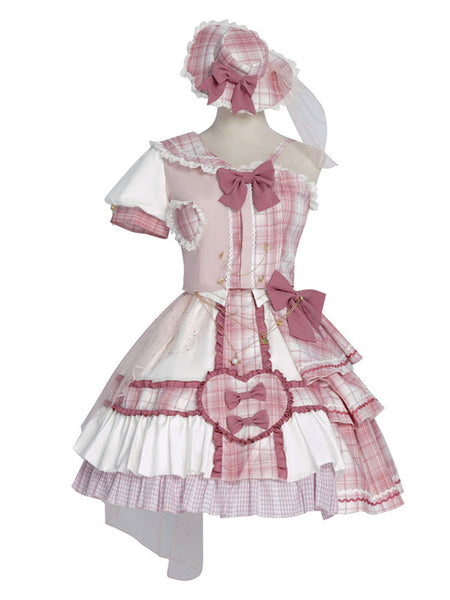 Idol clothes Lolita OP Dress 4-Piece Set Sleeveless Plaid Pattern Bows Metal Details Polyester Pink Lolita One Piece Outfit