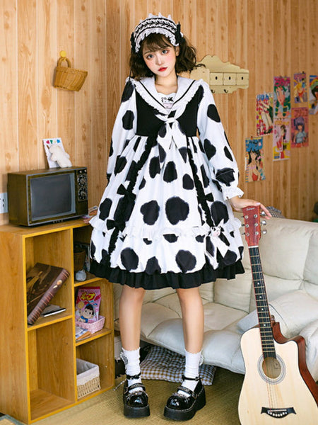 Idol clothes Lolita OP Dress Balck Cow Print Pattern Ruffles Bows Sweet Lolita One Piece Dress