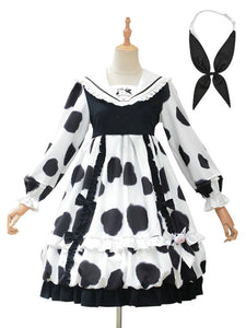 Idol clothes Lolita OP Dress Balck Cow Print Pattern Ruffles Bows Sweet Lolita One Piece Dress