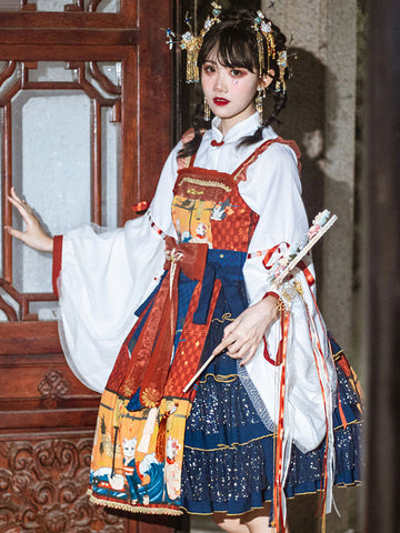 Japanese Style Lolita JSK Dress Brick Red Sleeveless Bows Cat Pattern Polyester Daily Casual Lolita Jumper Skirts