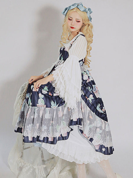 Japanese Style Lolita JSK Dress Fairytale Infanta Lace Sleeveless Deep Blue Sweet Lolita Jumper Skirts